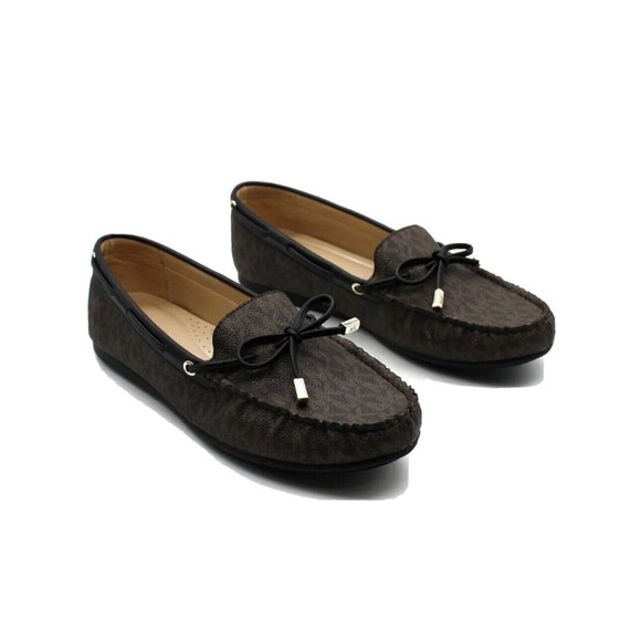 Michael Kors Sutton Sz 10 Loafers Logo Print Moc Flats Brown/Black Slip On Bow - Picture 6 of 9